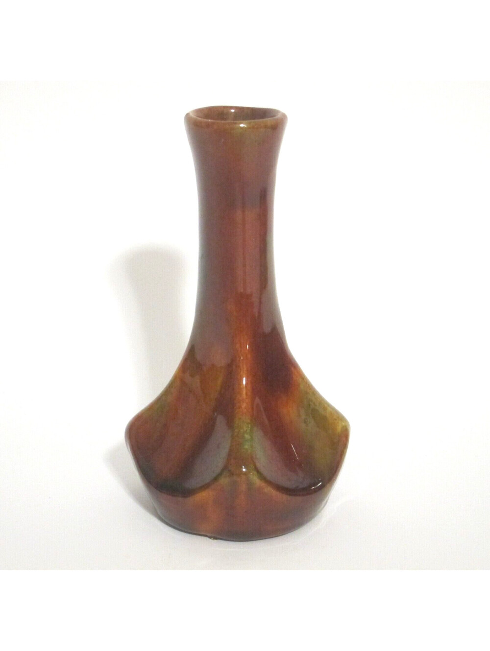 Antique Rockingham Glaze Art Pottery Bud Vase 5.5" Mottled Brown Green Stoneware